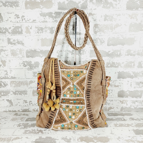 Free People Handbags - Free People Leather Cotton Blend Colorful Boho Lagenlook Crossbody Bag 0756